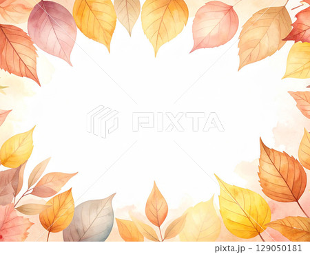 秋の紅葉した楓の葉　水彩画風のパステルカラー　真ん中に文字スペース 129050181