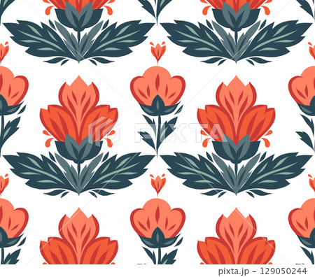 Vector seamless pattern with bloom flowers in row. Texture with decorative red flowers on white background. Tracery floral backdrop Vector seamless pattern with bloom flowers in row. Texture with decorative red flowers on white background. Tracery floral backdrop 129050244