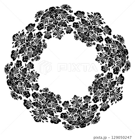 Vector monochrome round frame with decorative flowers. Folklore wreath with stylized black flowers. Floral circular border Vector monochrome round frame with decorative flowers. Folklore wreath with stylized black flowers. Floral circular border 129050247