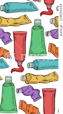 Vector seamless pattern with tubes of acrylic paint. Texture with drawn multi-colored tubes with hatching on white background. Vector seamless pattern with tubes of acrylic paint. Texture with drawn multi-colored tubes with hatching on white background. 129050249