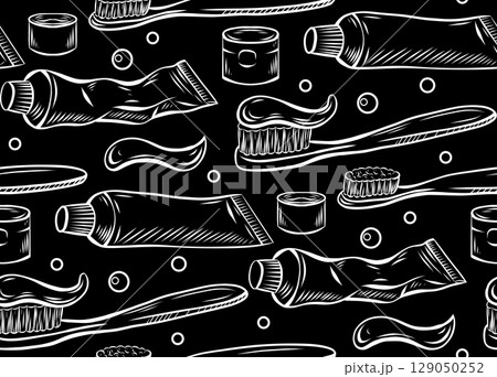 Vector seamless pattern with toothbrushes, bubbles and toothpaste. Texture with white contour drawing of dentist tool on black background Vector seamless pattern with toothbrushes, bubbles and toothpaste. Texture with white contour drawing of dentist tool on black background 129050252