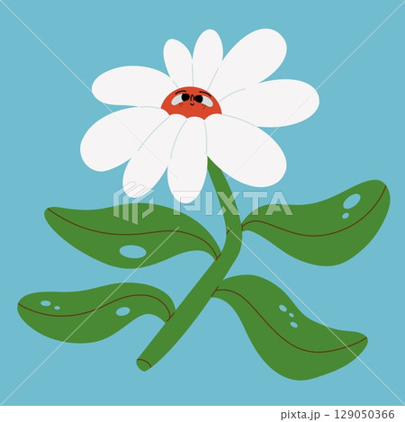 Groovy daisy sticker. Psychedelic flower with happy face, funky floral retro 70s style, trippy cartoon boho design. Vector isolated illustration. 129050366