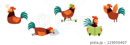 Funny Rooster or Cockerel Character in Different Pose Vector Set 129050407