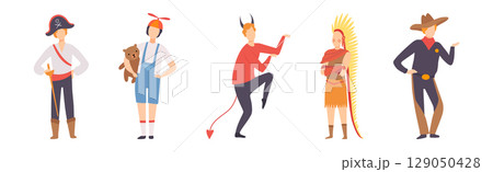 Carnival with People Character Dressed in Masquerade Costume Vector Set Carnival with People Character Dressed in Masquerade Costume Vector Set 129050428