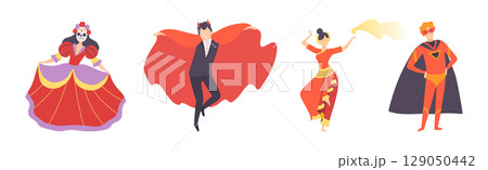 Carnival with People Character Dressed in Masquerade Costume Vector Set Carnival with People Character Dressed in Masquerade Costume Vector Set 129050442