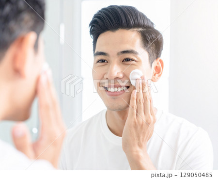 泡洗顔する若い日本人の男性　AI生成画像 129050485