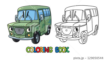 Funny bus or van with eyes. Coloring book Funny bus or van with eyes. Coloring book 129050544