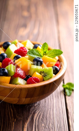 Fresh fruit salad in a bowl, a healthy and sweet breakfast or dessert 129050671