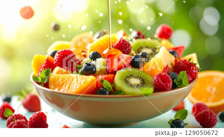 Fresh fruit salad in a bowl, a healthy and sweet breakfast or dessert 129050672