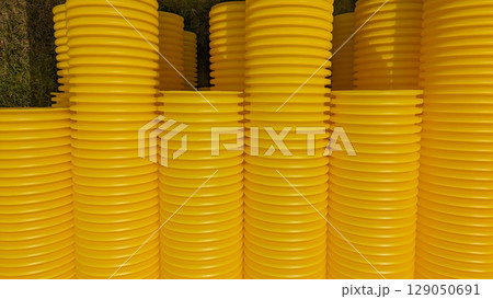 Closeup of corrugated pipes with strong texture and rhythm, texture draws attention to material detail, texture-focused image suits product mockups and construction editorial content 129050691