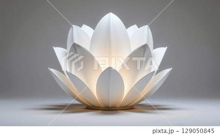 White lotus shaped lamp glowing softly with translucent petal design on neutral background creating calm ambiance White lotus shaped lamp glowing softly with translucent petal design on neutral background creating calm ambiance 129050845