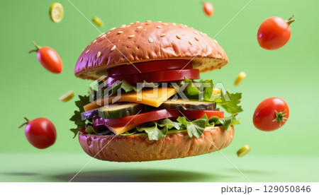 Fresh sandwich with lettuce, tomato, cheese, and cucumber slices floating with cherry tomatoes and seeds on green background 129050846