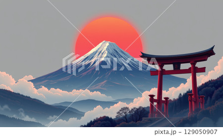 Snowy peak mountain with red torii gate and vibrant sunset sky creating peaceful and majestic landscape scene 129050907