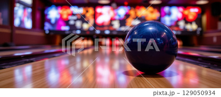 Bowling ball on wooden lane with colorful lights and screens in background creating lively atmosphere 129050934
