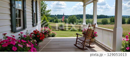 Country porch with wooden rocking chair and vibrant flower pots overlooking green field and blue sky on sunny day 129051013