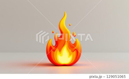 Flame icon with bright yellow and orange colors glowing on neutral background, symbolizing heat and energy in lively style 129051065