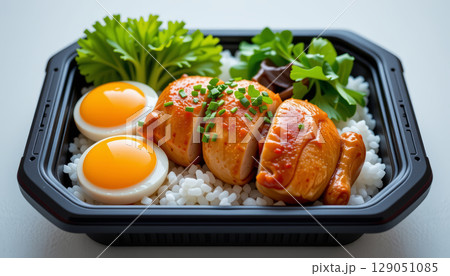 Grilled chicken with rice and boiled eggs garnished with fresh herbs in black plastic container, offering healthy and appetizing meal 129051085