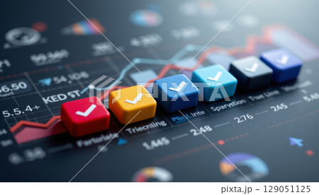 Progress bar with colorful checkmark cubes on financial data background showing success and achievement 129051125