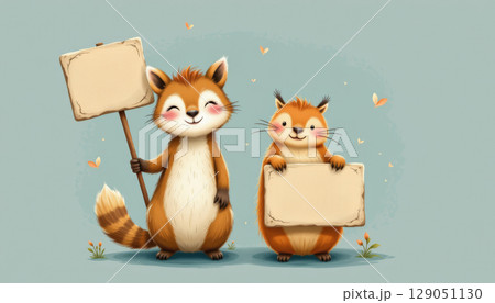 Cute animal duo illustration holding blank signs with butterflies and flowers, smiling and cheerful woodland creatures 129051130