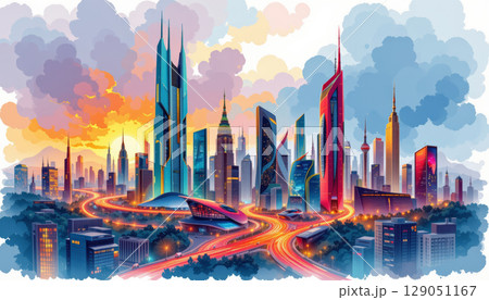 Futuristic city skyline with colorful skyscrapers and glowing highways under vibrant sunset sky Futuristic city skyline with colorful skyscrapers and glowing highways under vibrant sunset sky 129051167
