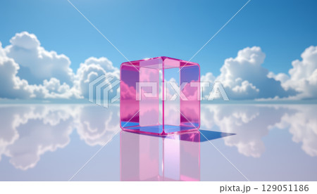 Transparent pink glass cube with cloud reflections on smooth surface under blue sky with white clouds 129051186