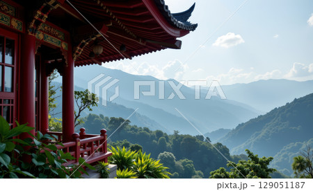 Traditional Asian temple balcony with ornate red roof overlooking misty mountain landscape under blue sky 129051187