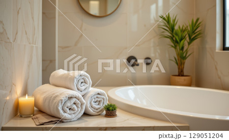 Rolled white towel with candle and plant in contemporary spa like bathroom creating calm and relaxing atmosphere Rolled white towel with candle and plant in contemporary spa like bathroom creating calm and relaxing atmosphere 129051204