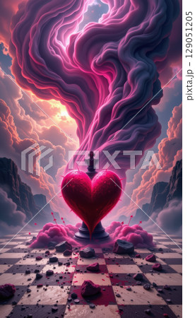 Cosmic battlefield with heart shaped glowing smoke rising from chess king piece on rocky checkered ground Cosmic battlefield with heart shaped glowing smoke rising from chess king piece on rocky checkered ground 129051205