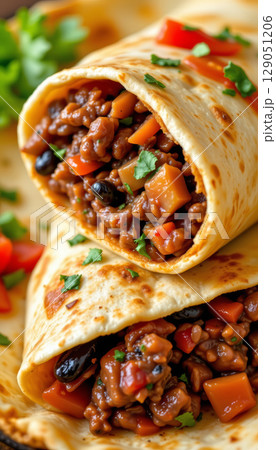 Crispy tortilla burrito filled with seasoned ground meat, black beans, diced vegetables, and fresh herbs, delicious and hearty 129051206