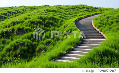 Curved staircase embedded in lush green grass on hill under clear sky, creating peaceful and natural outdoor scene 129051207