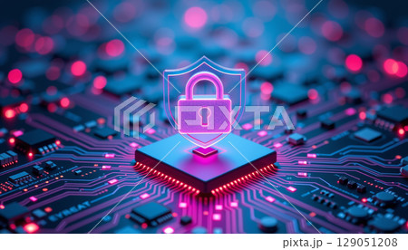 Cybersecurity concept with glowing lock and shield symbol above microchip on circuit board with neon lights 129051208