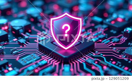 Cybersecurity shield with question mark above microchip on circuit board glowing in blue and pink light 129051209