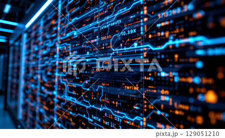 Decentralized digital storage visualization with glowing blue circuit lines and orange data points creating futuristic tech 129051210