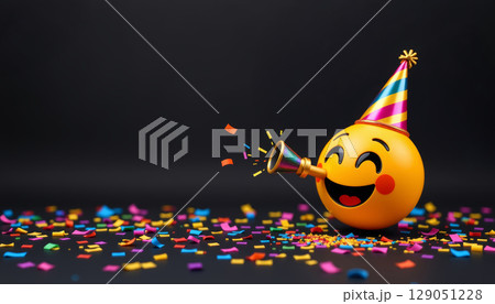 Happy party emoji blowing party horn with colorful confetti and festive hat on dark background 129051228