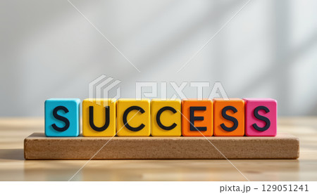 Success concept with colorful letter blocks on wooden surface in soft natural light 129051241