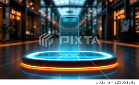 Transparent smartphone glowing platform futuristic technology display in modern shopping mall with ambient lighting Transparent smartphone glowing platform futuristic technology display in modern shopping mall with ambient lighting 129051245