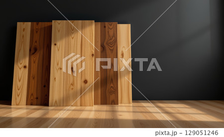 Wooden plank board with natural grain pattern leaning on dark wall with sunlight casting shadows on wooden floor 129051246