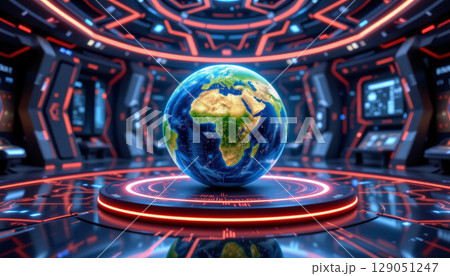 Earth globe digital futuristic technology concept with illuminated control room and glowing interface display 129051247