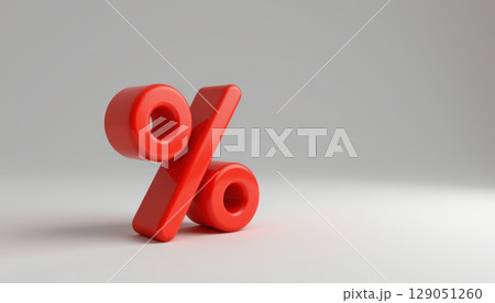 Red percent sign symbol with smooth surface on white background, bright and clean design with soft shadow and space for text 129051260