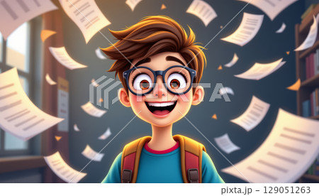 Smiling cartoon student with glasses and backpack surrounded by flying papers in bright classroom, expressing excitement and joy 129051263