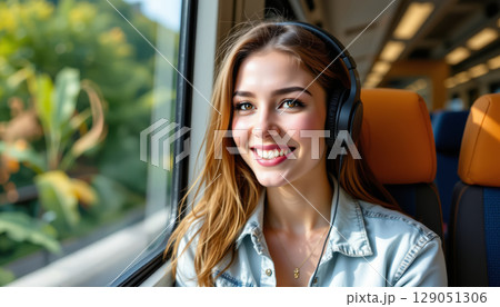 Happy young woman with headphones enjoying music on train travel with natural light and green view outside 129051306
