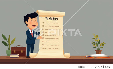To do list concept with businessman in suit holding checklist on desk with plants and briefcase 129051385