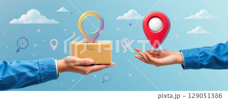 Creative delivery concept with GPS location pin and parcel held by hands on blue background with clouds and icons Creative delivery concept with GPS location pin and parcel held by hands on blue background with clouds and icons 129051386