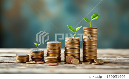 Wealth accumulation metaphor with stacks of coins growing taller and small green plants sprouting top, symbolizing financial 129051403