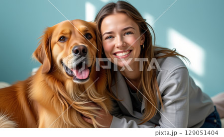 Smiling woman with golden retriever dog showing happy bond and affection indoors with natural light 129051404
