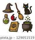 手書き風・魔女グッズ／ハロウィン素材セット（帽子・ほうき・黒猫・薬瓶・魔導書・鍋） 129051519