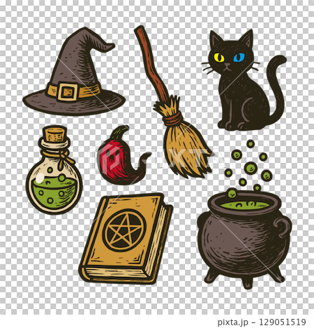 手書き風・魔女グッズ/ハロウィン素材セット(帽子・ほうき・黒猫・薬瓶・魔導書・鍋) 手書き風・魔女グッズ/ハロウィン素材セット(帽子・ほうき・黒猫・薬瓶・魔導書・鍋) 129051519