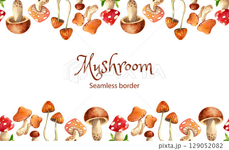 Seamless border with autumn leaves, berries and mushrooms on a white background. Hand drawn watercolor illustration of plants for your design, print, card 129052082