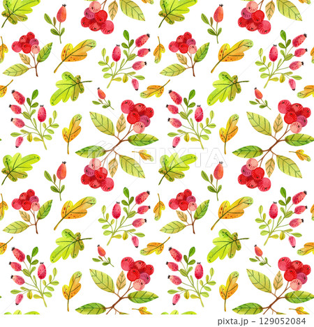 Seamless pattern with watercolor autumn leaves and berries on a white background. Hand drawn illustration for your design, print, textile 129052084