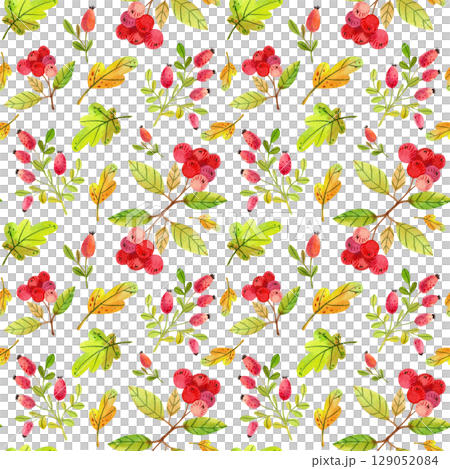 Seamless pattern with watercolor autumn leaves and berries on a white background. Hand drawn illustration for your design, print, textile 129052084